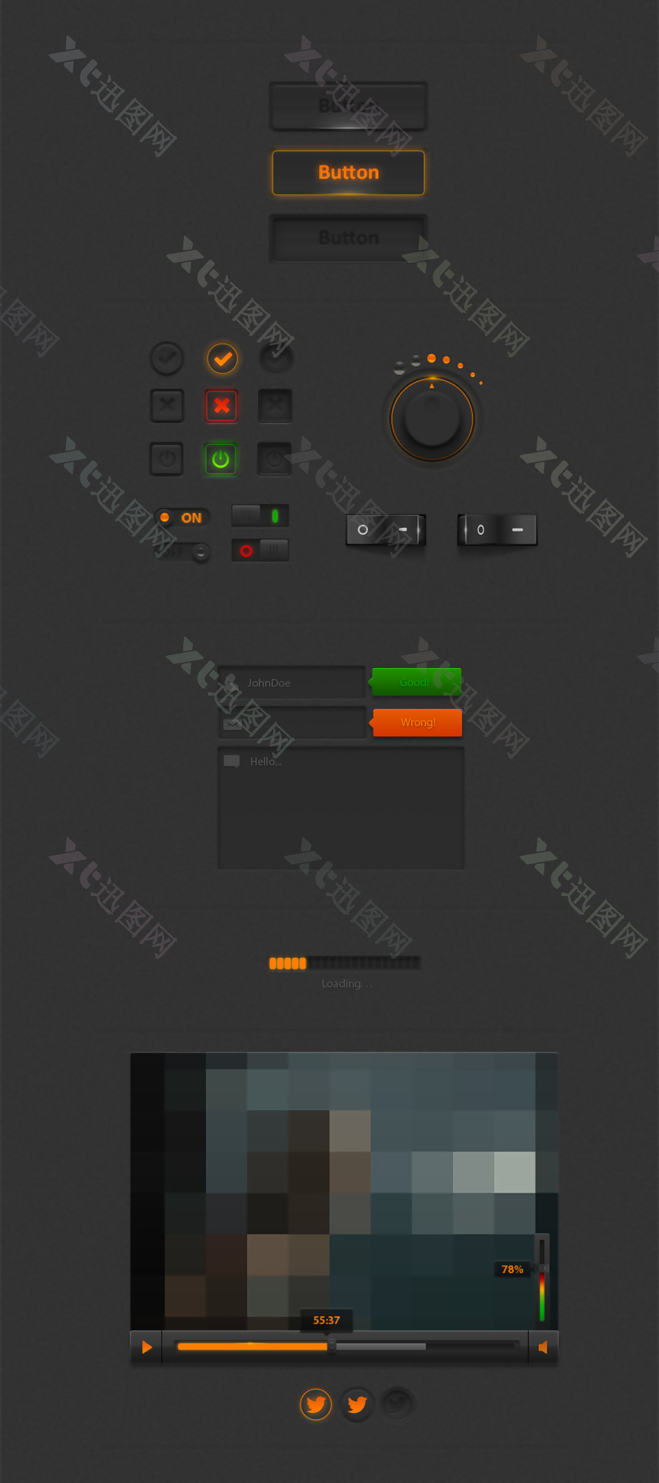 暗系网页UI按钮加载条勾选框旋转按钮素材