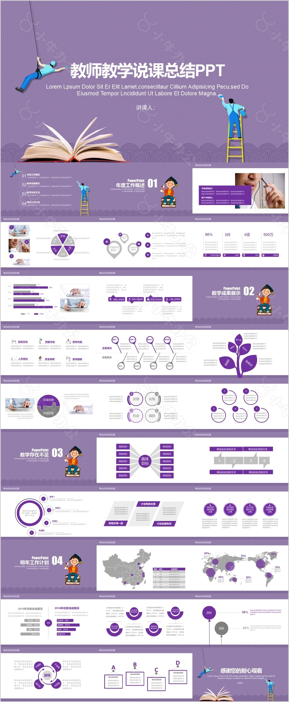 紫色教师教学说课总结课件PPT模板