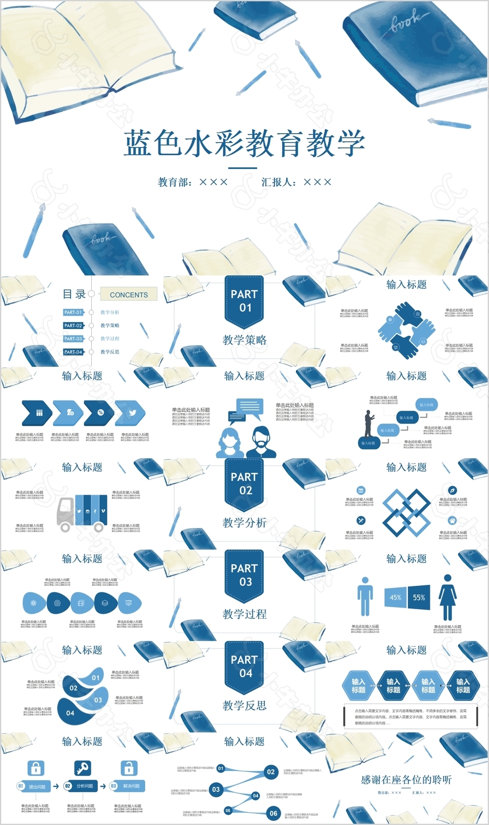 清新蓝色水彩教育教学课件PPT模板