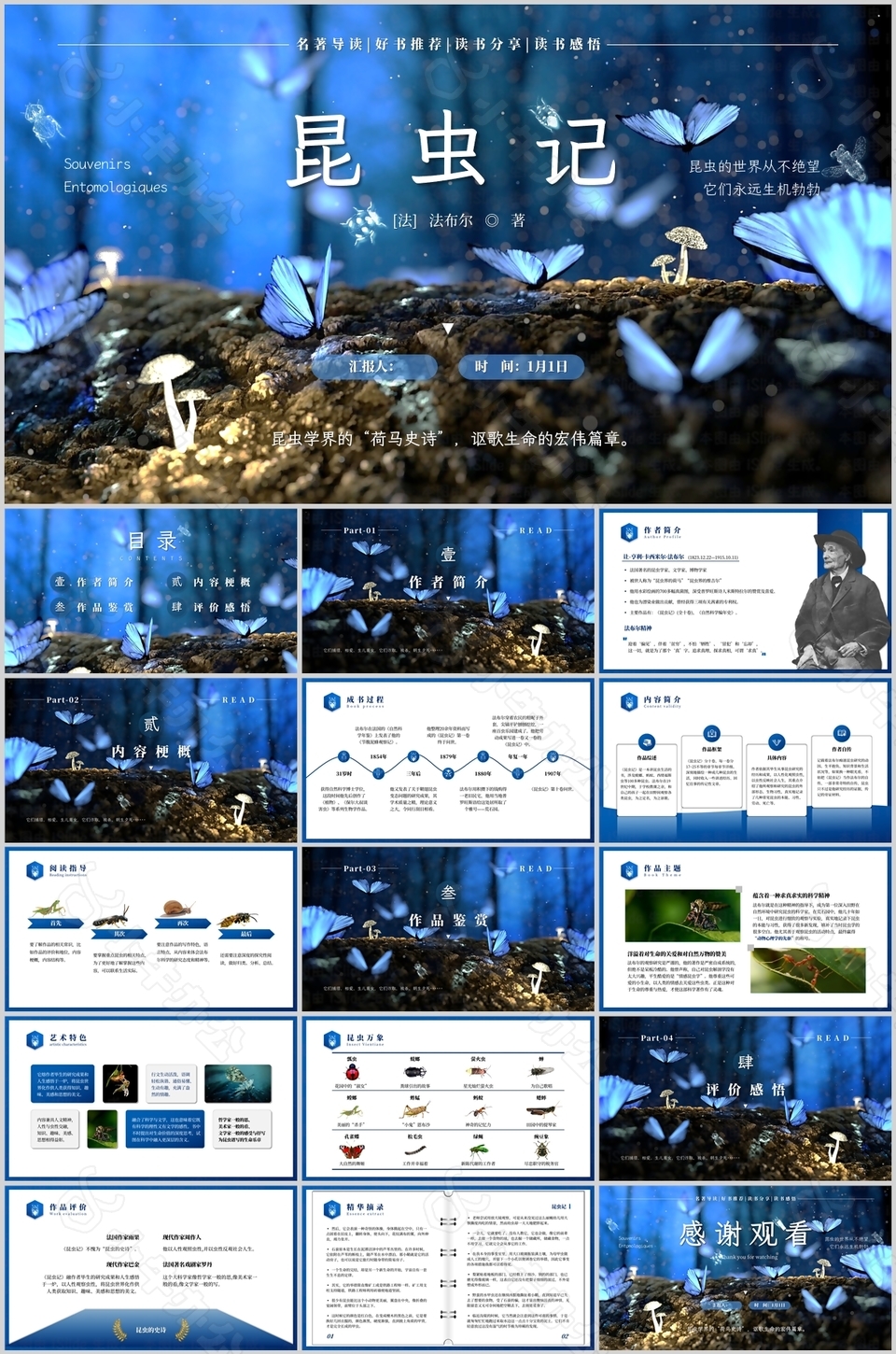 实用法布尔昆虫记读书分享汇报PPT模板