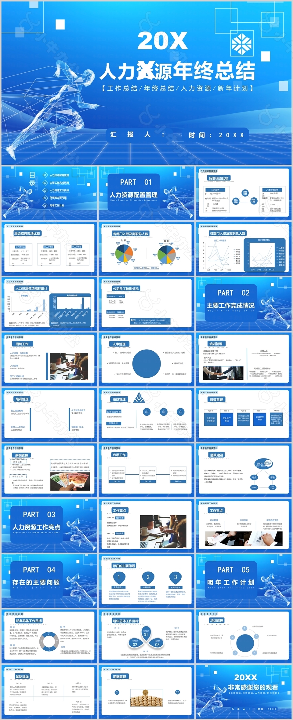 蓝色励志人力资源年终总结PPT模板