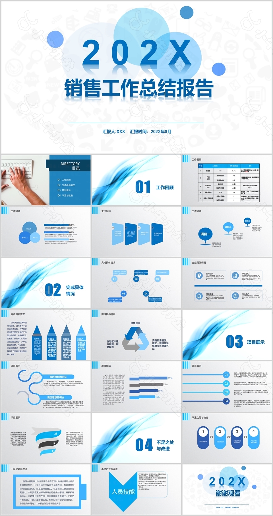 简约蓝色几何风销售工作总结报告PPT