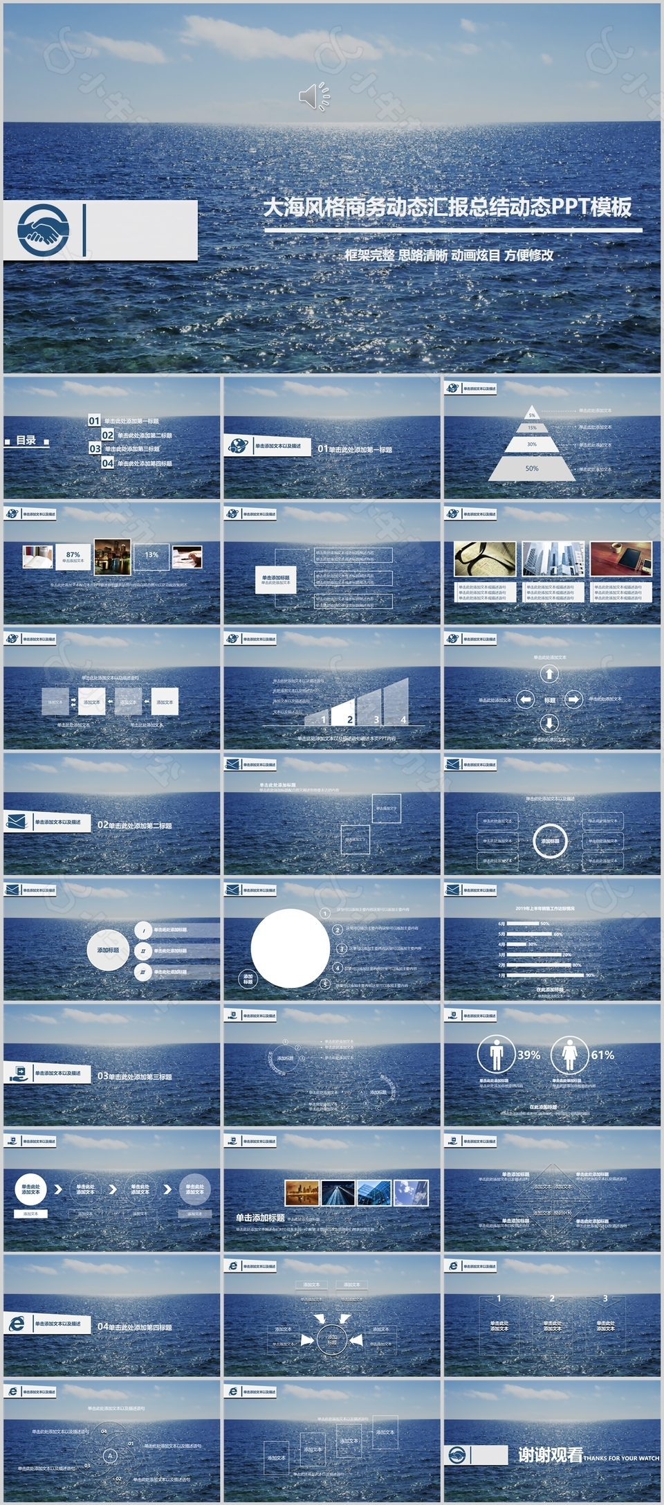大海风格商务动态汇报总结动态PPT模板