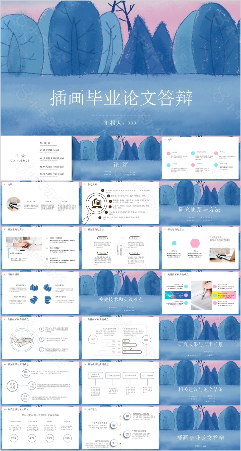 插画毕业论文答辩开题报告PPT模板
