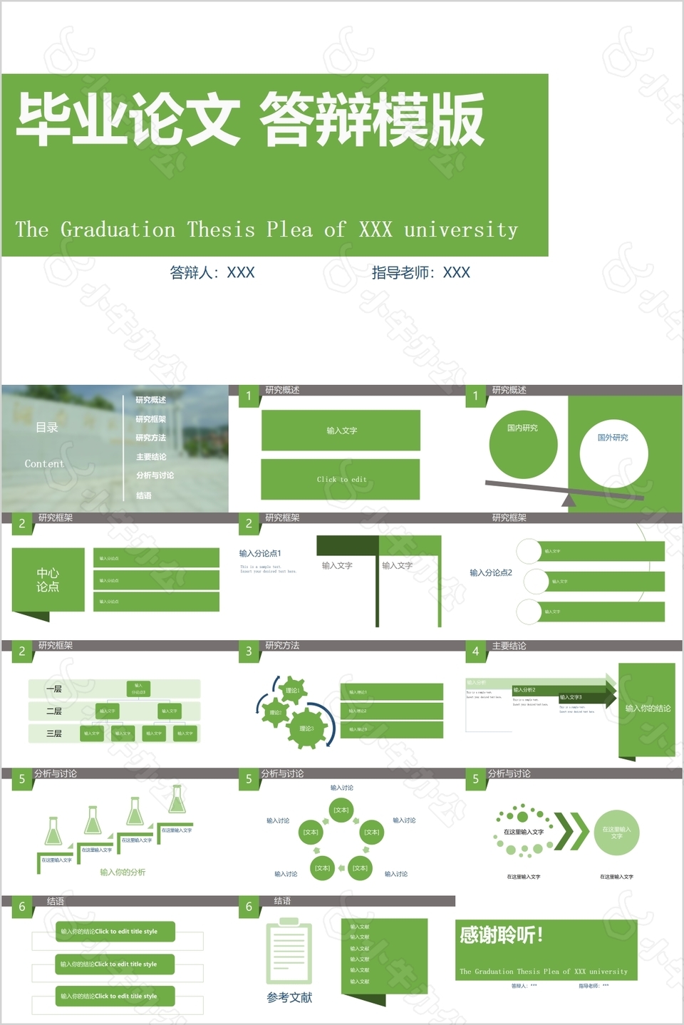 绿色简约毕业论文答辩学术报告PPT模板