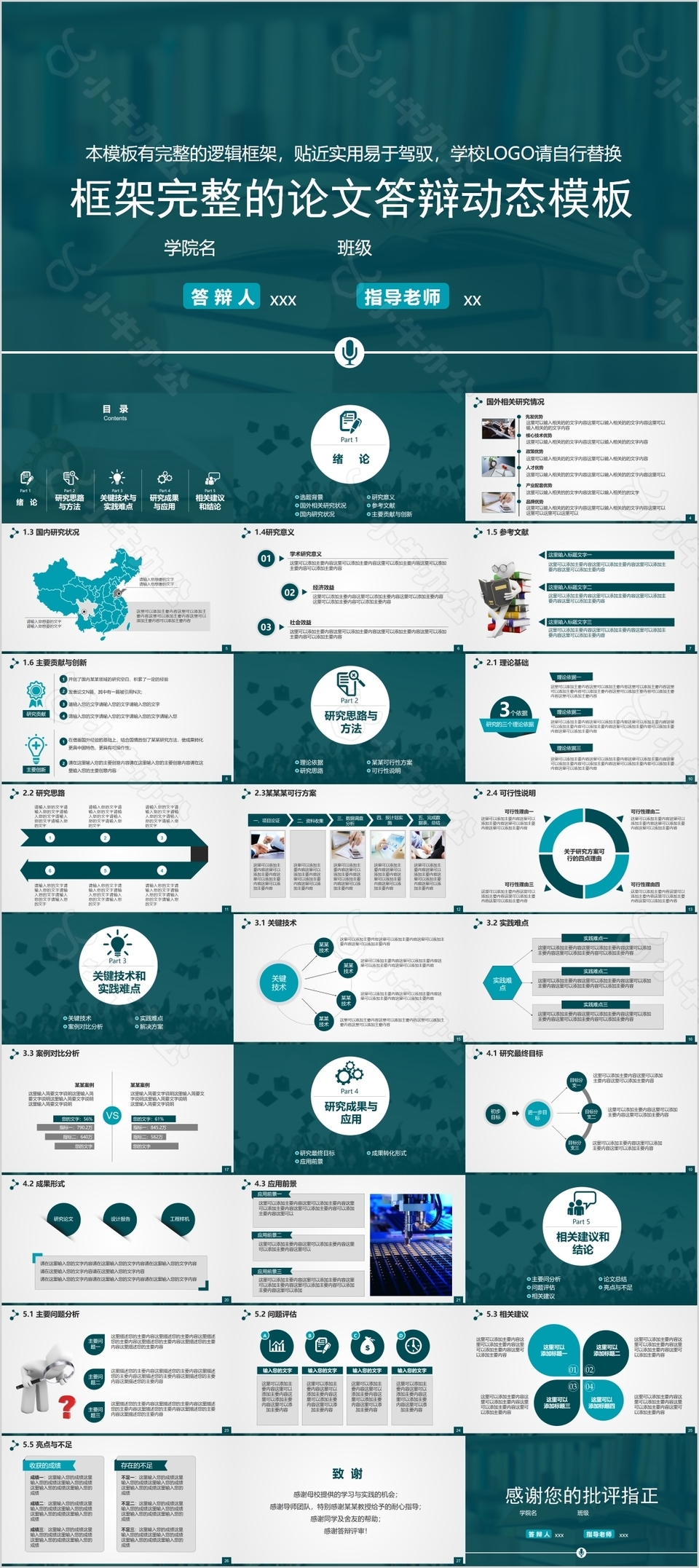 绿色框架完整论文答辩动态PPT模板