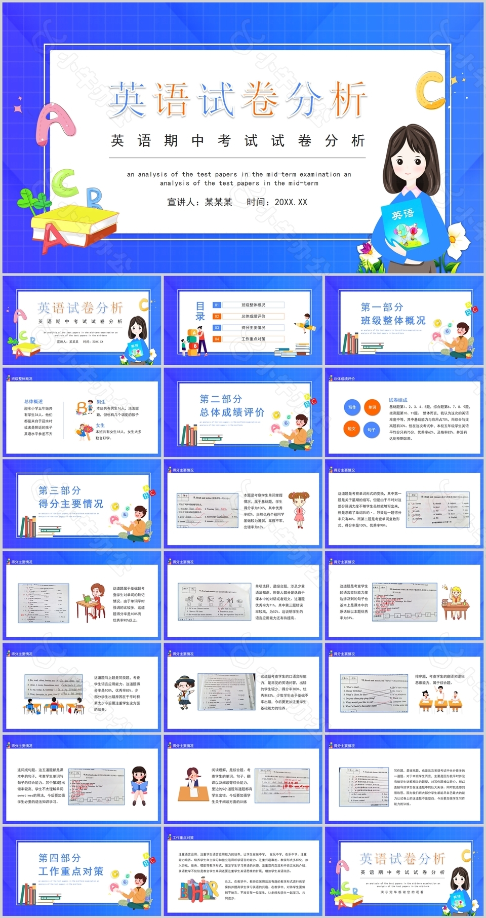 蓝色卡通英语期中考试试卷分析PPT模板