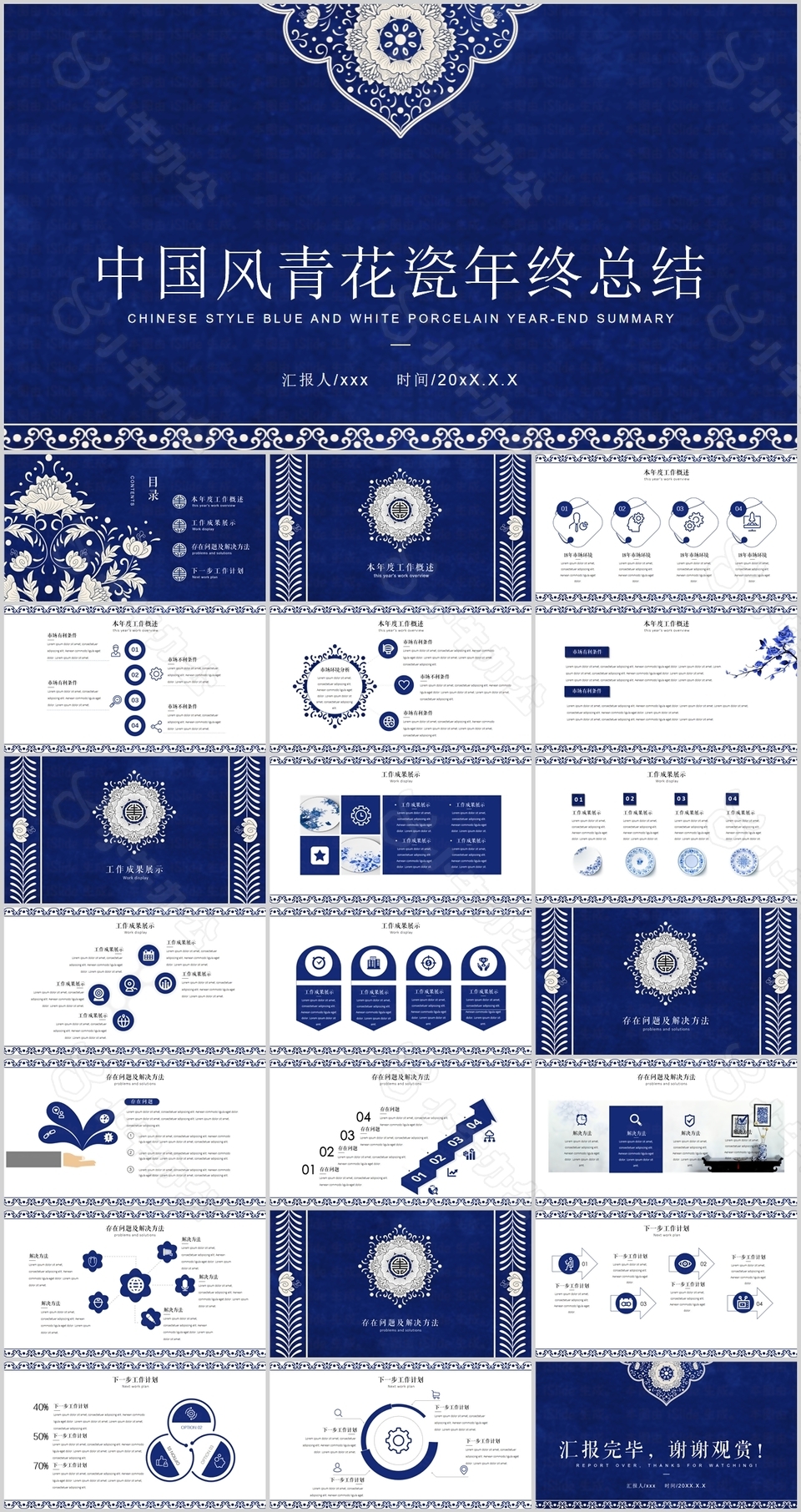 个性中国风青花瓷年终总结PPT模板