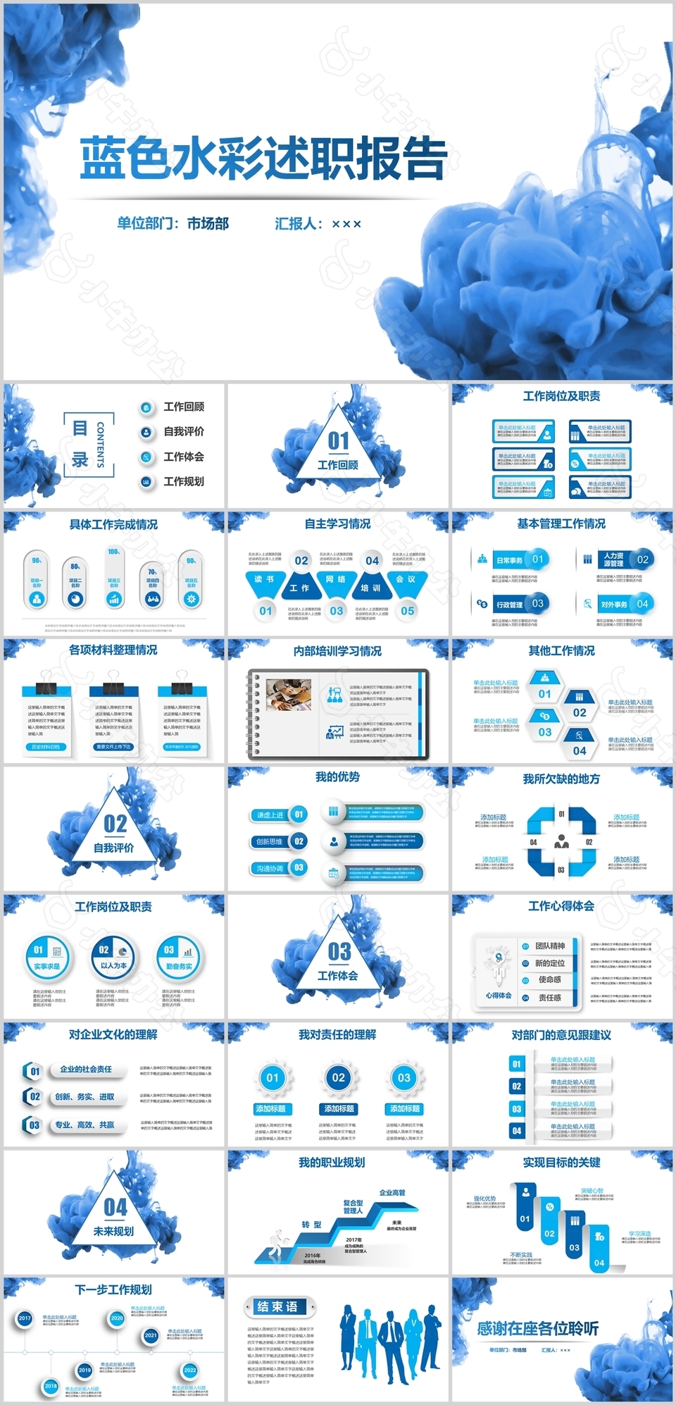 蓝色水彩市场部述职报告通用PPT模板