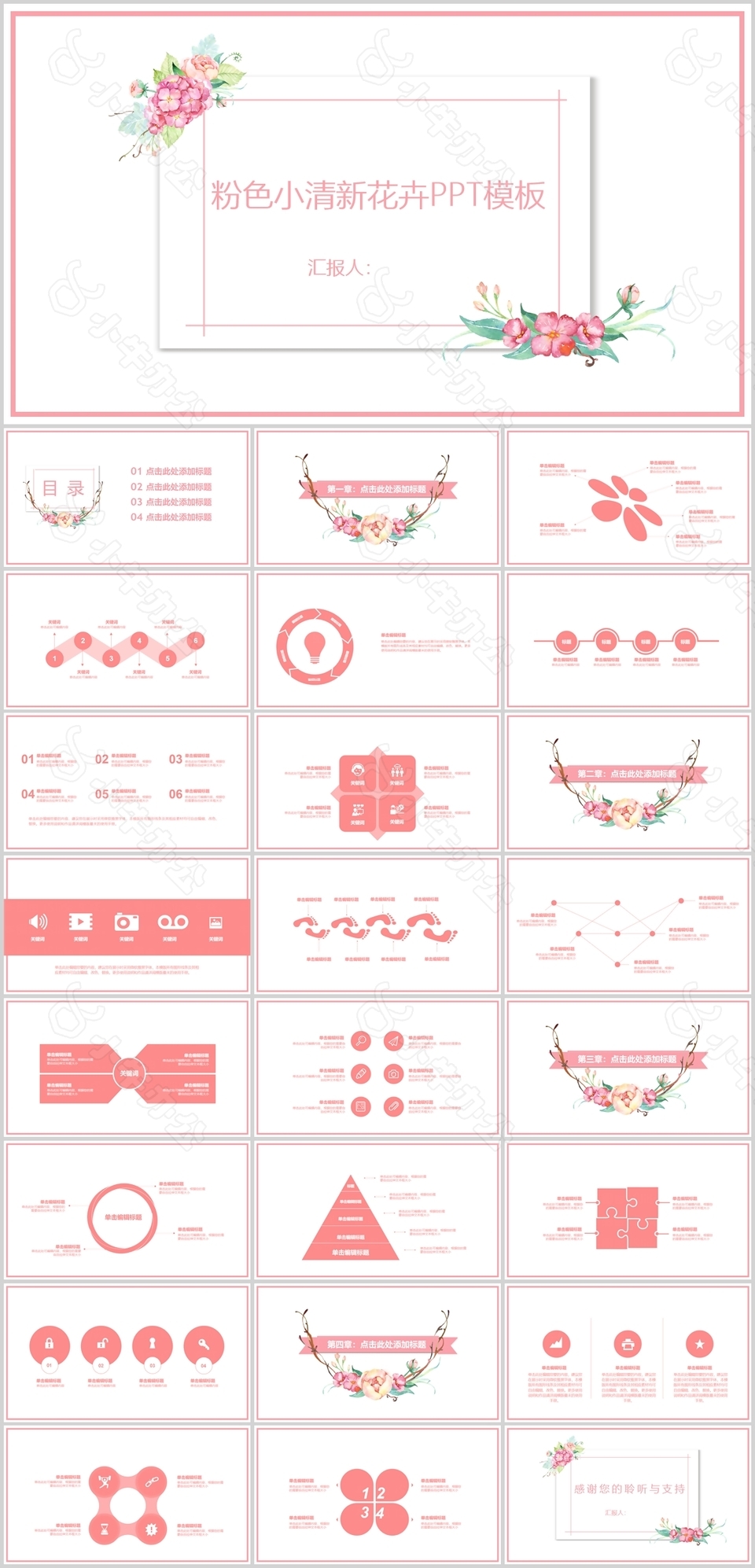 粉色水彩小清新花卉工作汇报PPT模板