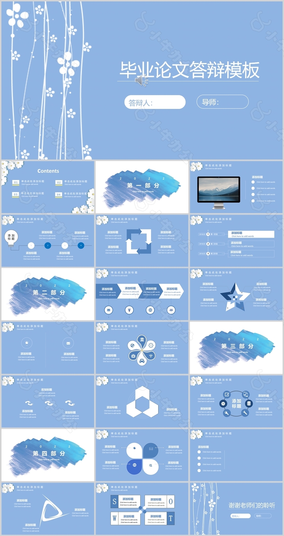 蓝色小清新毕业答辩学术报告PPT模板