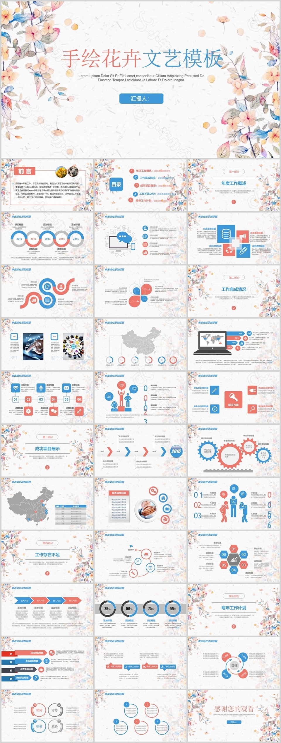 创意手绘花卉文艺工作汇报总结PPT模板