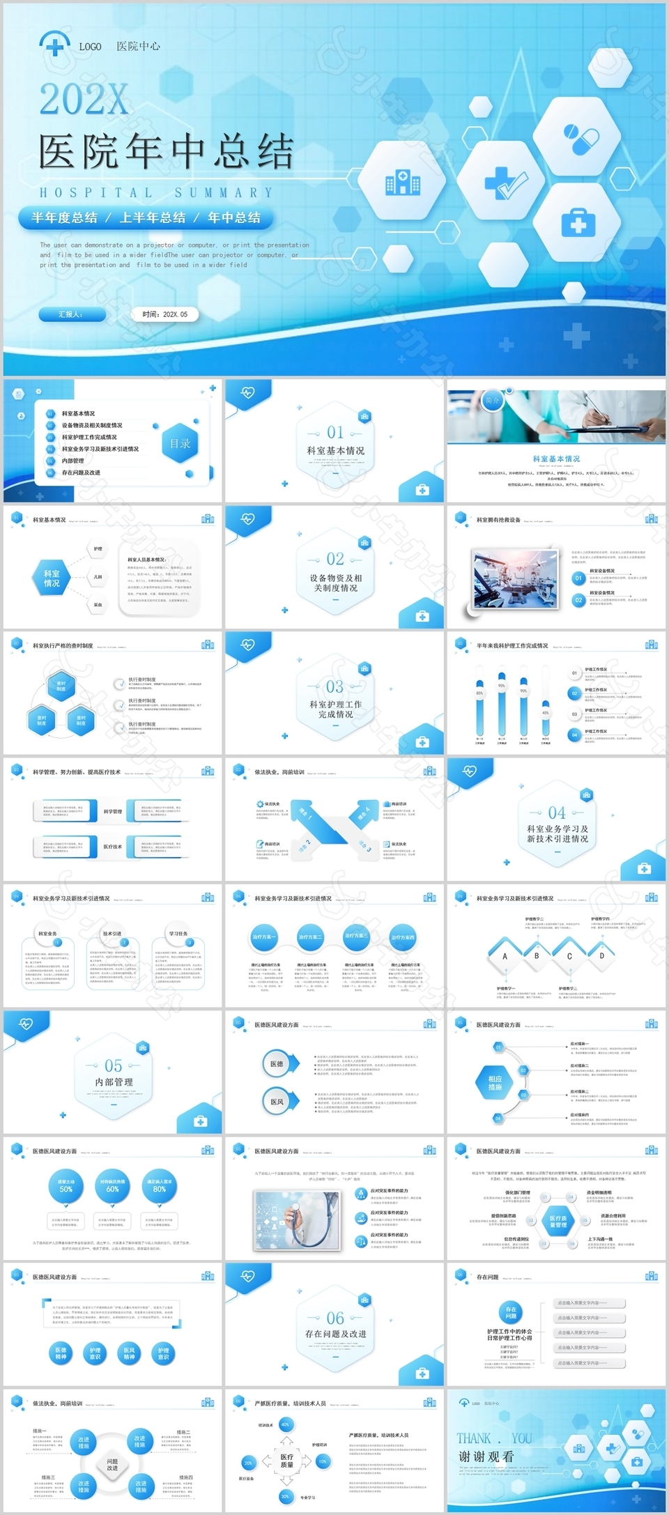 浅蓝简约清新医院年中总结计划PPT模板