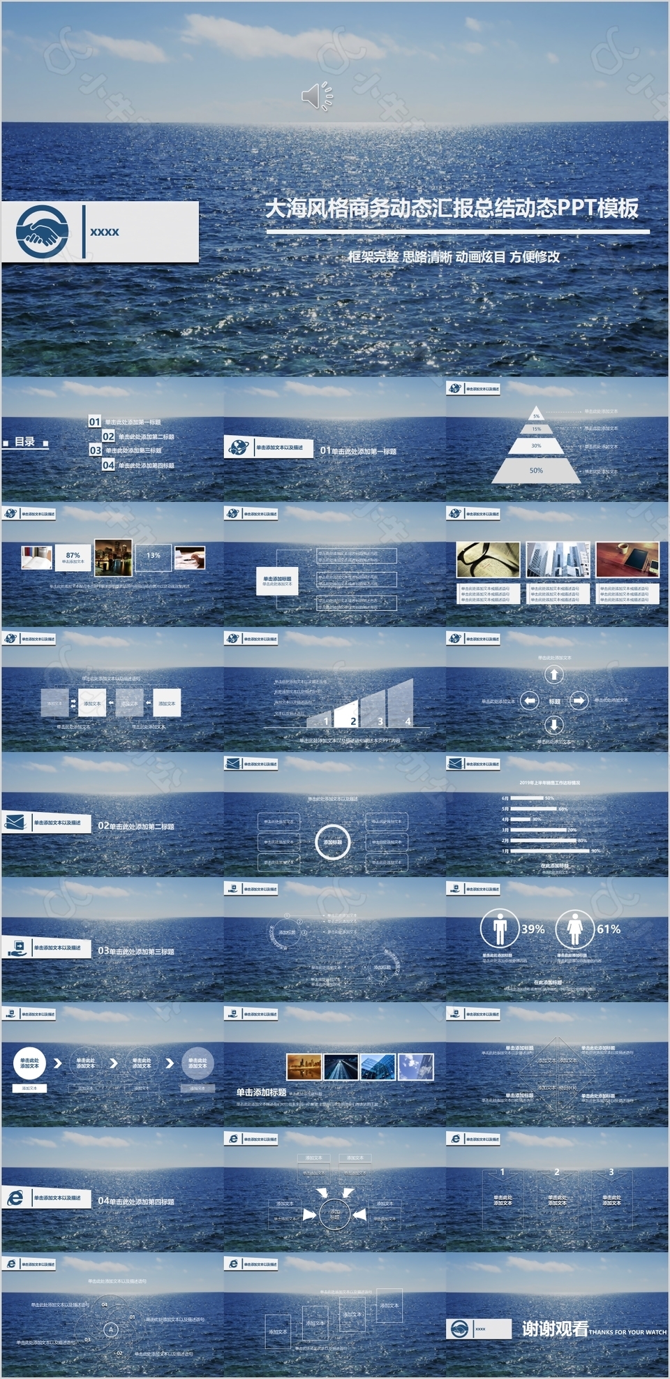 大海风格商务动态汇报总结动态PPT模板