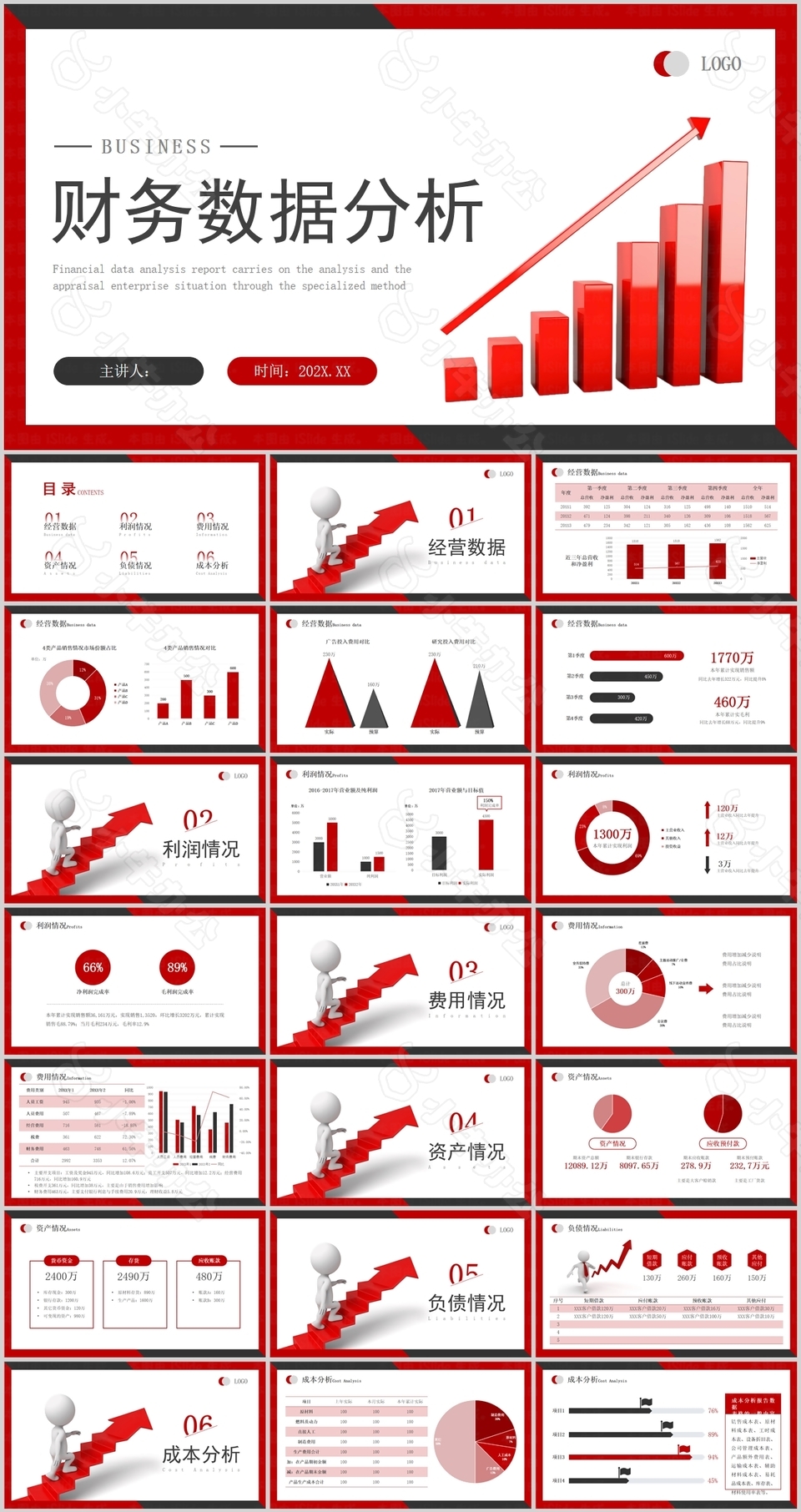 简约红色商务风财务数据分析PPT模板