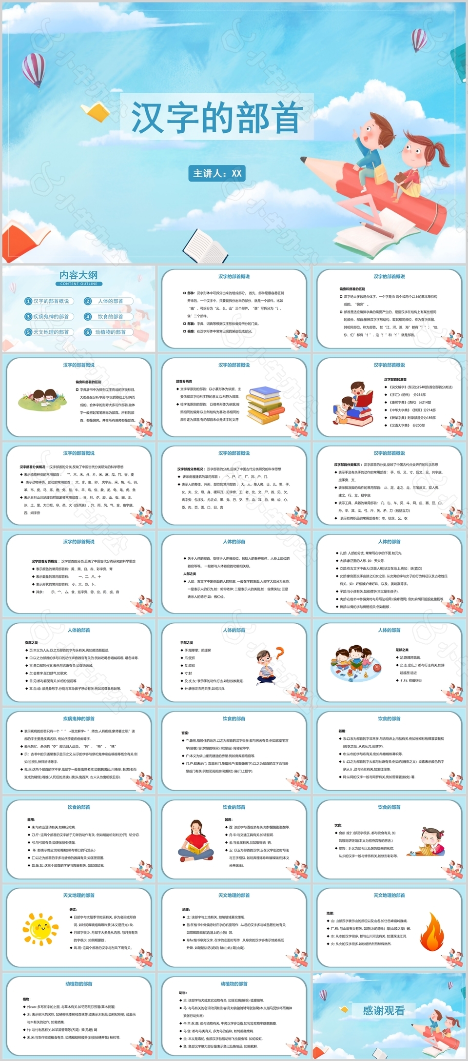 蓝色可爱卡通汉字的部首PPT模板