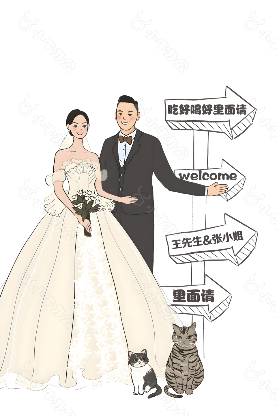 趣味卡通漫画风新郎新娘宠物猫婚礼迎宾牌