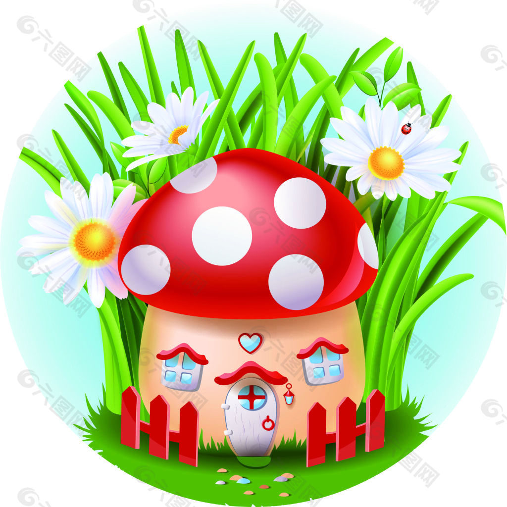 可爱的蘑菇房子和白色的花朵矢量