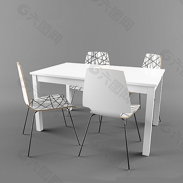 现代白色实木桌椅3D模型