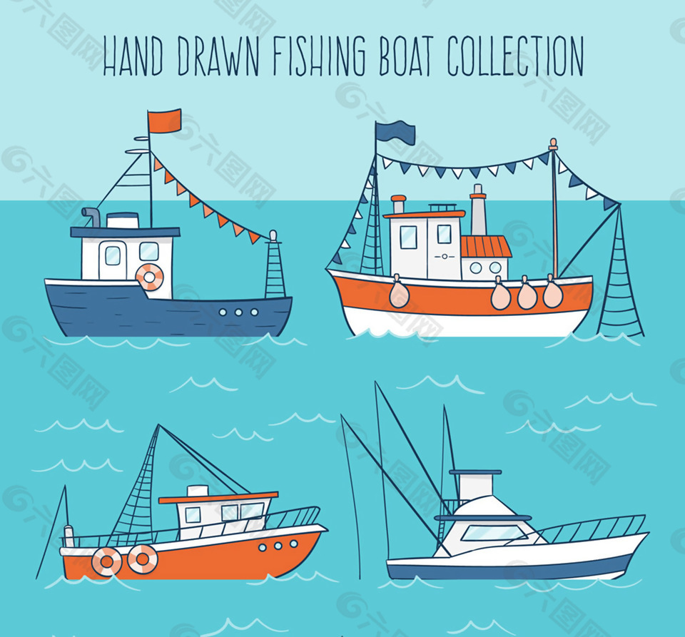 4款彩绘渔船设计矢量素材
