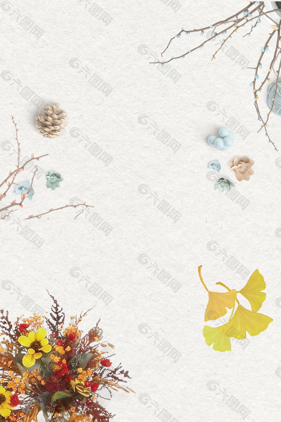 彩绘秋季落叶松果海报背景素材