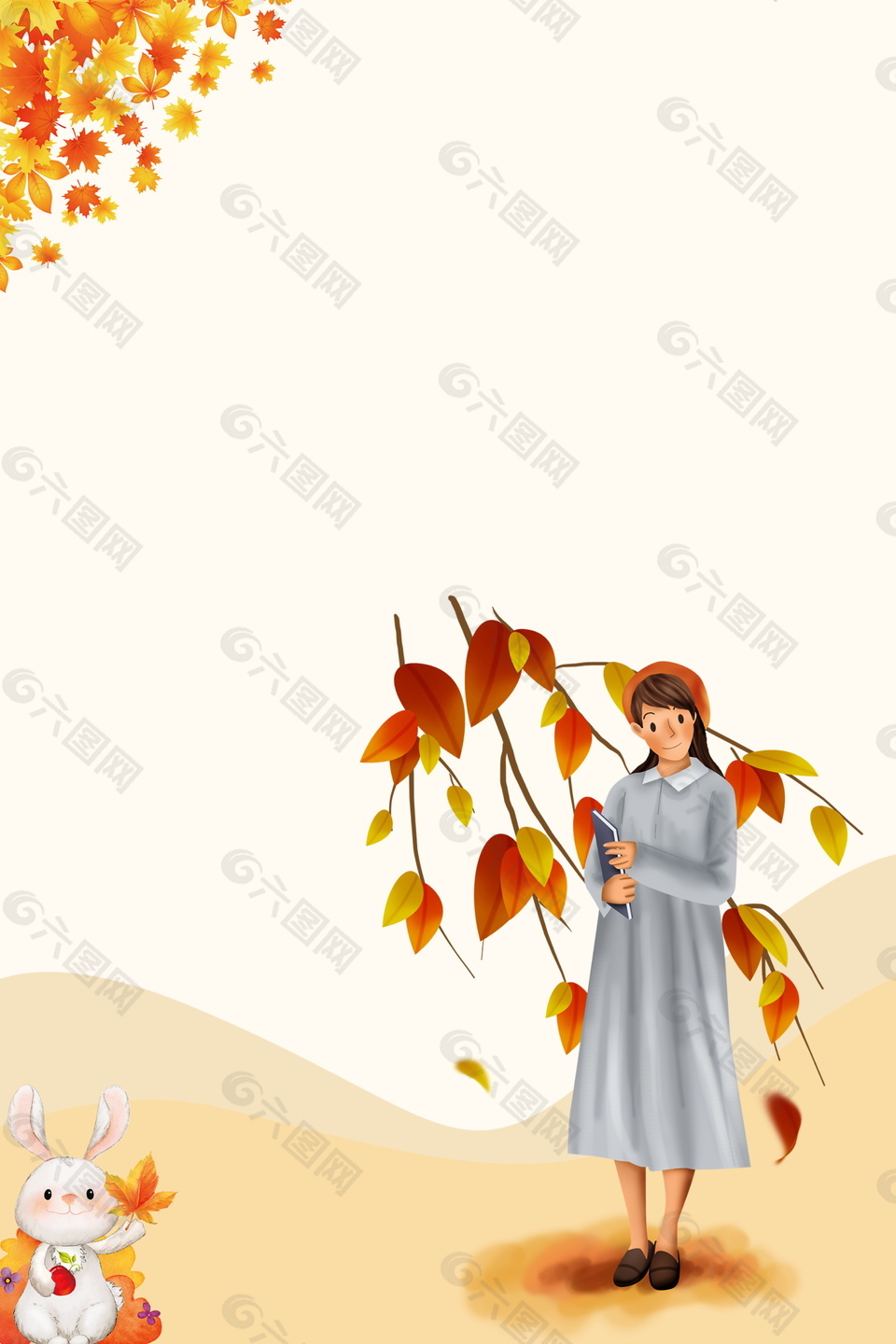 秋季枫叶下的女孩海报背景素材