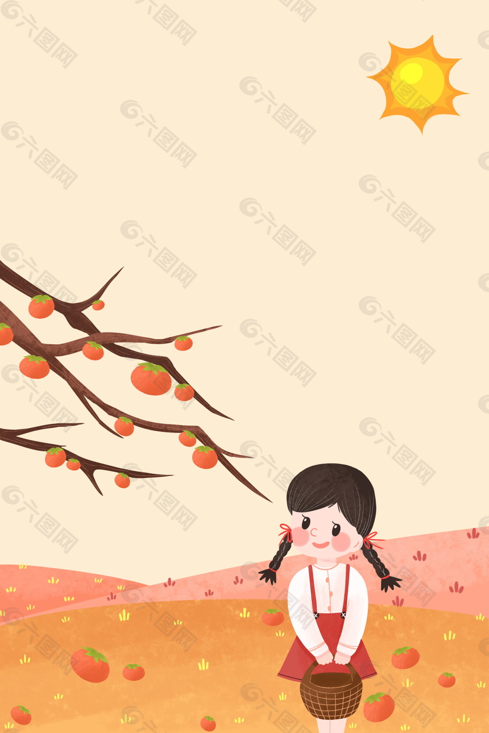 秋季柿子枝头的女孩海报背景素材