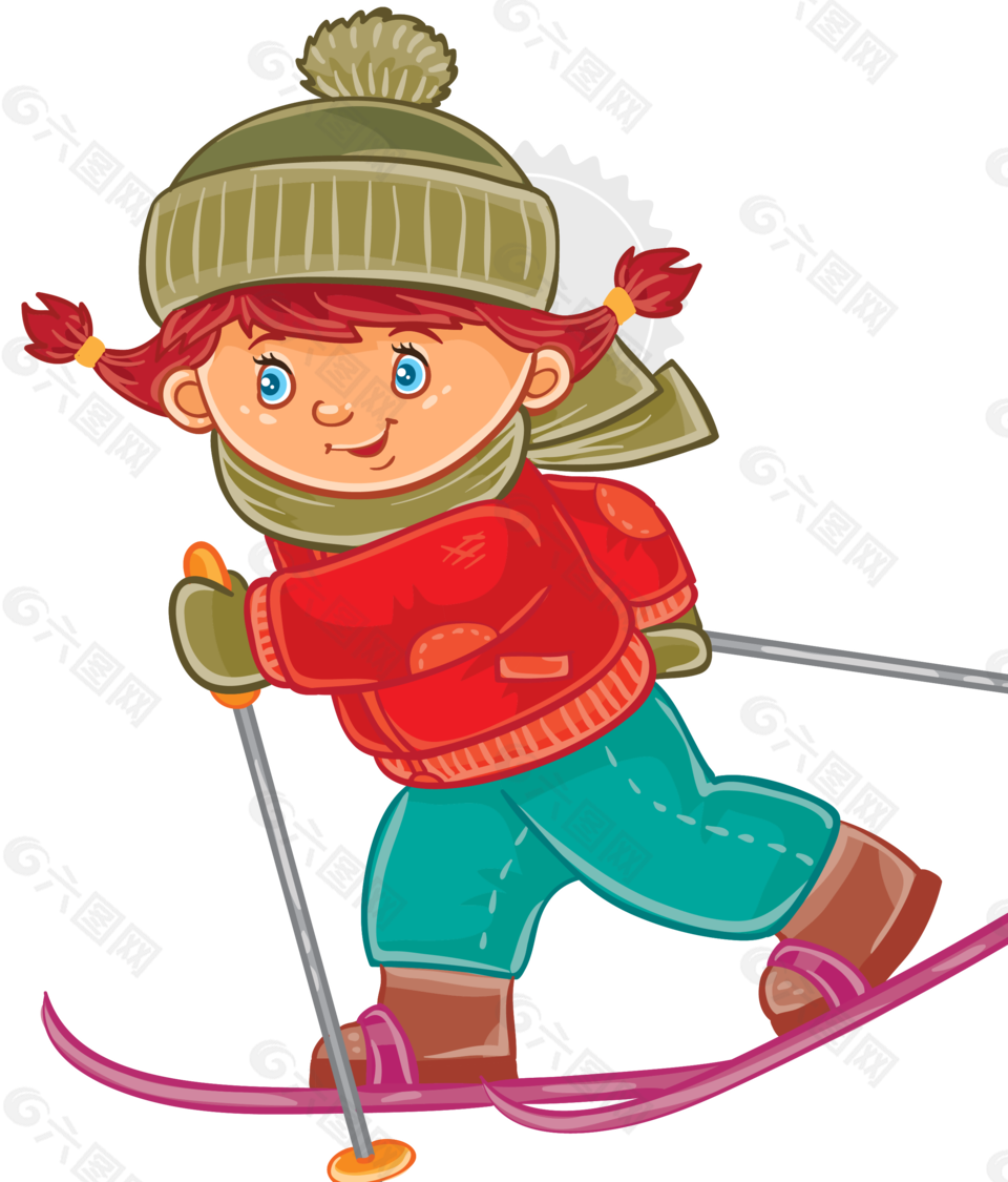 卡通冬季滑雪的小女孩