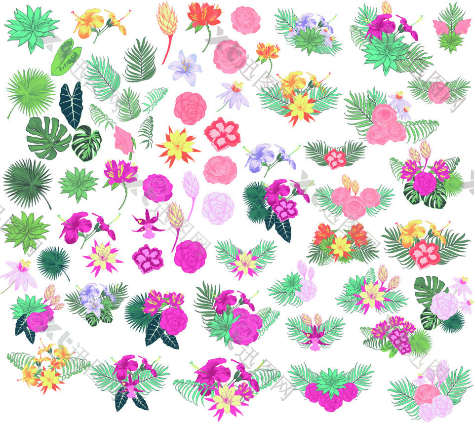 粉色夏威夷风格热带植物树叶花朵矢量素材