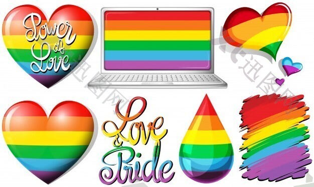 爱与骄傲的心和彩虹物体插图