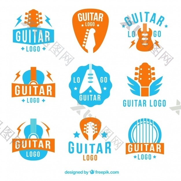 蓝色和橙色吉他标志集