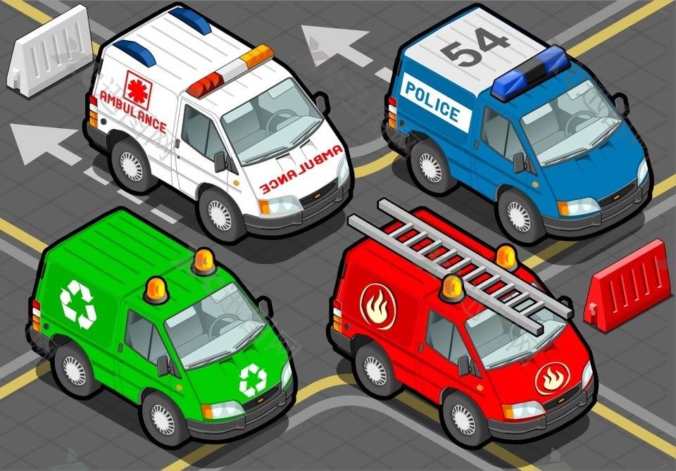 救护车消防车等距交通工具矢量