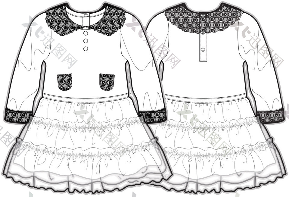 长袖3-5岁小宝宝服装设计线稿矢量素材