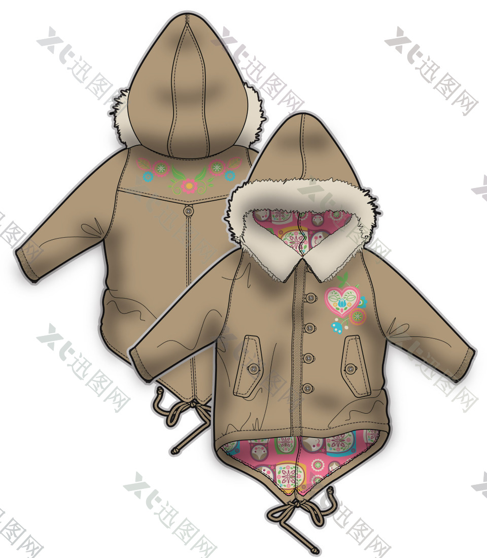骆驼色外套女宝宝服装设计彩色矢量原稿