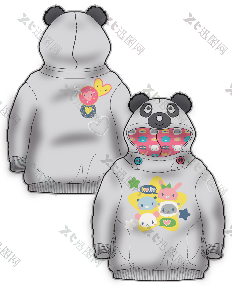 灰色熊猫卫衣女宝宝服装设计彩色原稿矢量