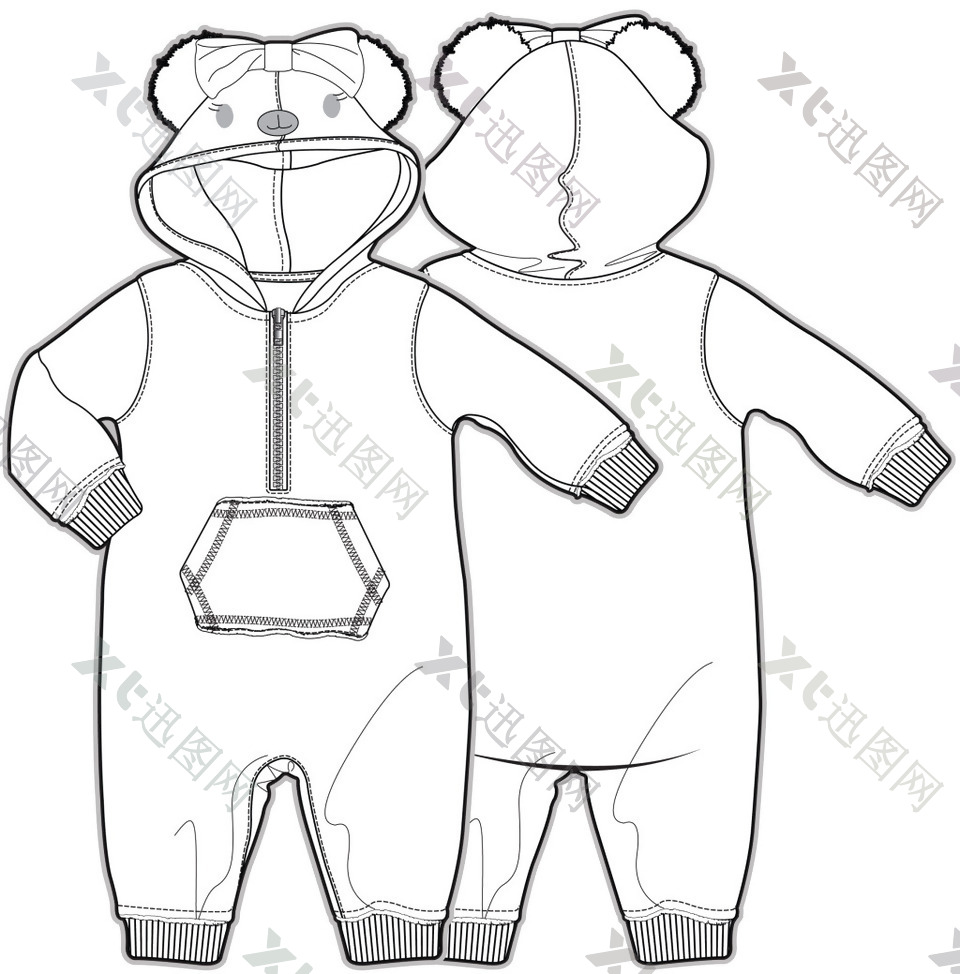 小熊连体衣女宝宝服装设计线稿矢量素材