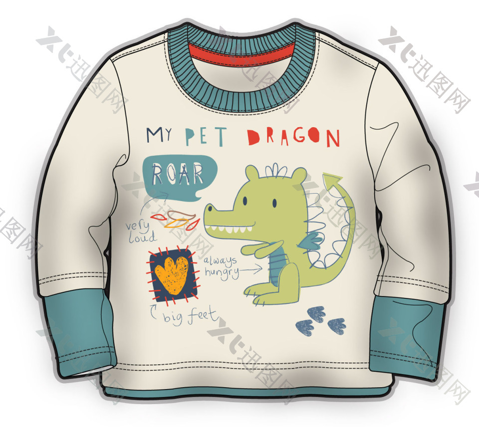卡通恐龙长袖小男孩服装设计彩色图案
