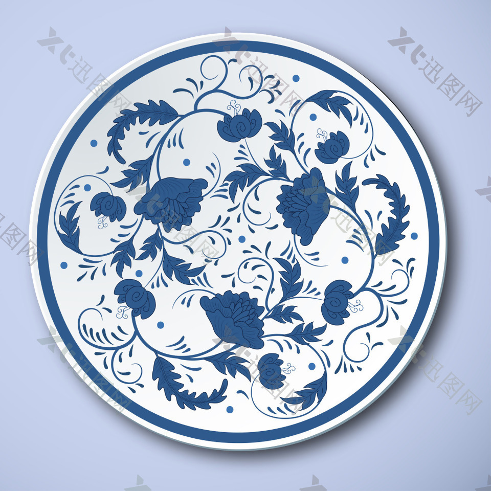 中式青花瓷牡丹花纹盘子