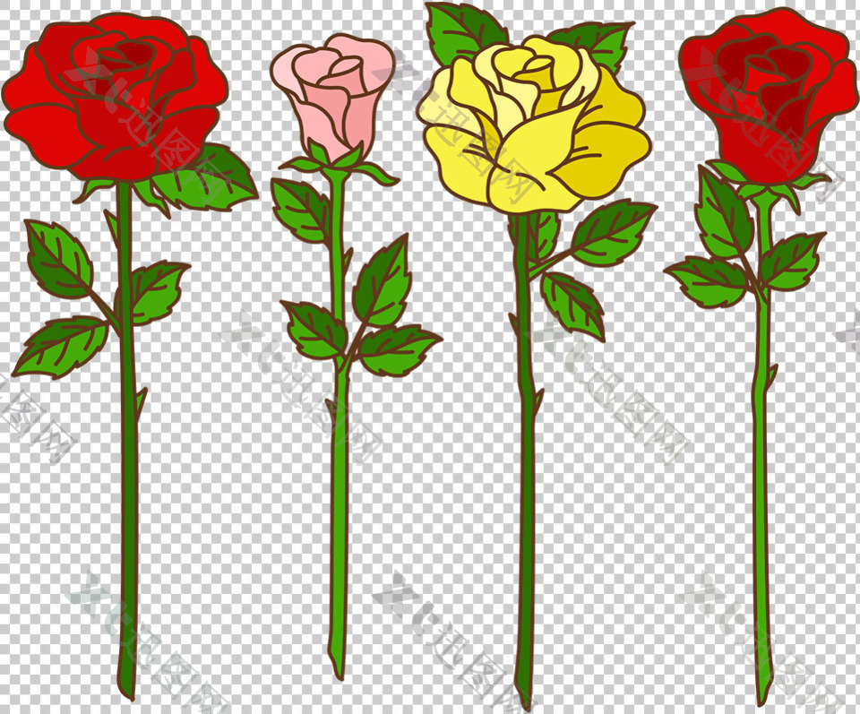 彩色玫瑰花插画免抠png透明图层素材
