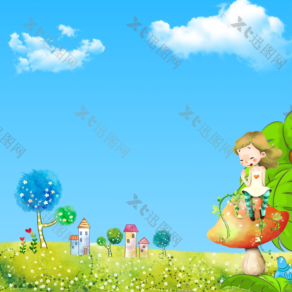 漫画人物卡通风景蘑菇草地蓝天白云素材