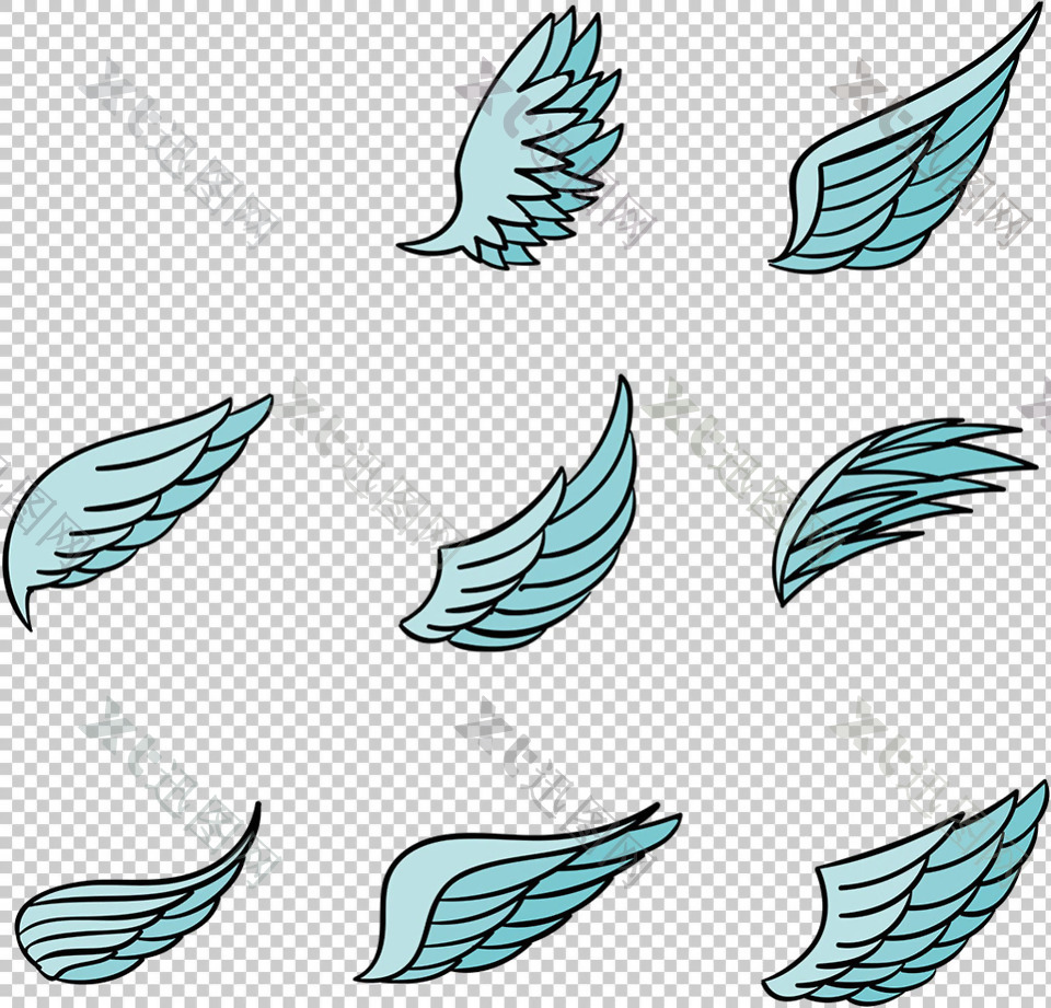 手绘蓝色翅膀免抠png透明图层素材