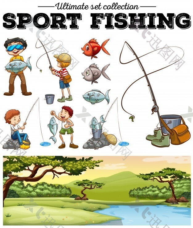 人钓鱼和河景插图