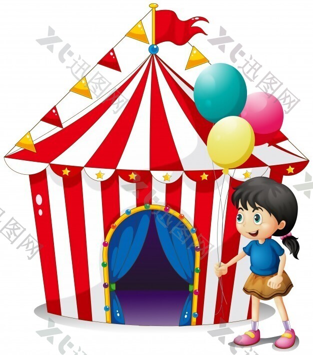 白色背景下马戏团帐篷前的气球插图