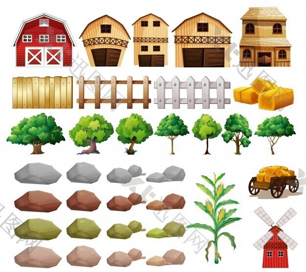 一套农场物件和建筑物的插图