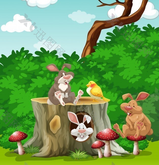 花园插图中的兔子和鸟