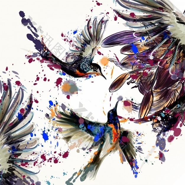 有插图的花和油漆飞溅的美丽鸟的背景