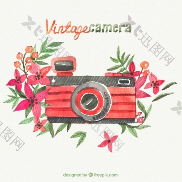 手绘红色复古相机