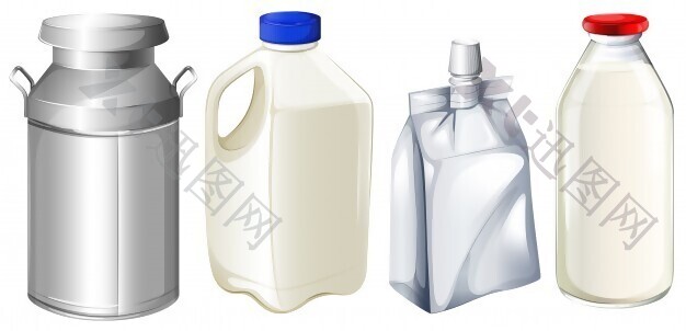 白色背景下不同牛奶容器的插图