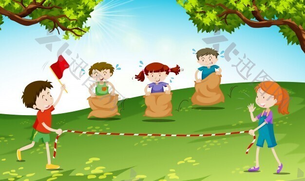 孩子们在公园里玩跳跃袋。