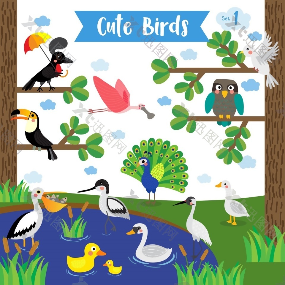 动物卡通可爱的鸟儿在森林附近的池塘背景